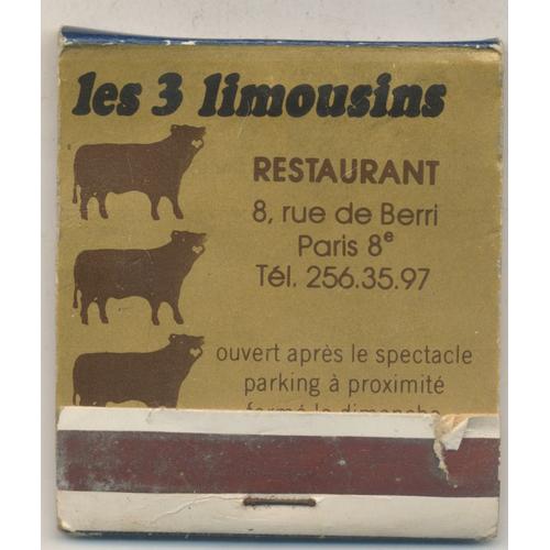 Pochette D'allumettes Publicitaire Pour Le Restaurant Les Trois Limousins Et Le Restaurant Les Trois Moutons