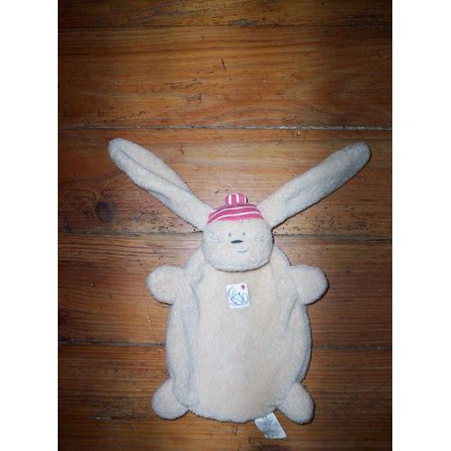 Doudou - Lapin Beige Plat Avec Bonnet Rouge Et Blanc