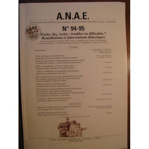 A.N.A.E.  N 94 : Parler, Lire, crire : Troubles Ou Difficults ? Remdiations Et Interventions Didactiques