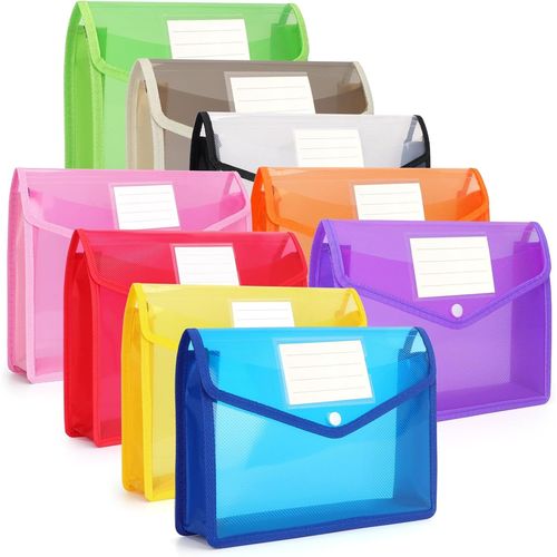 A4 Document Folders With Press Button Plastic Waterproof Document Holder With Map For Travel Office Document School A4 Transparent + Color (9 Pack)