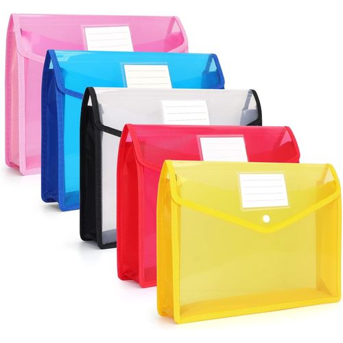 A4 Document Folders With Press Stud Plastic Waterproof Document Holder With Map For Travel Office Document School A4 Transparent + Color (5 Pack)