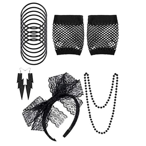 Accessoires De Costume De Dguisement Des Annes 80 Pour Femmes-Retro Ensemble Avec Bandeau En Dentelle, Boucles DOreilles, Gants, Collier, Bracelet