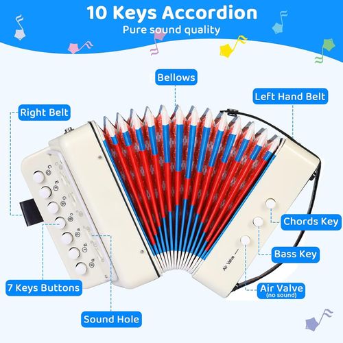Accordon Pour Enfants, Accordon  10 Touches Avec Sangles, Instrument De Musique Accordon Pour Dbutants, Accordon Adultes Et Enfants De 3 Ans Et Plus, Blanc