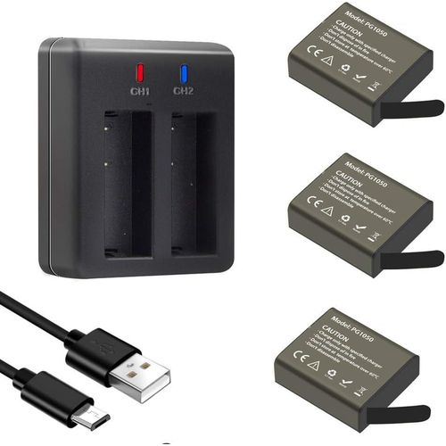 Action Camra Batterie PG1050 Batteries Rechargeables (3 pices) avec USB Chargeur pour Crosstour/Campark/Apexcam/Dragon Touch/APEMAN/AKASO/GOOKAM/DBPOWER/Victure/COOAU/EKEN/SJ4000/PG900