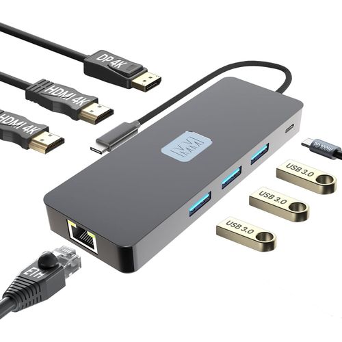 Adaptateur Hub USB-C vers Double HDMI & DisplayPort 4K@60Hz,100W Power Delivery,3x USB 3.0,ETH 1000Mbps-8-in-1 Hub USB Station d'accueil-Adaptateur USB-C Quadruple Affichage Multiport.[W807]