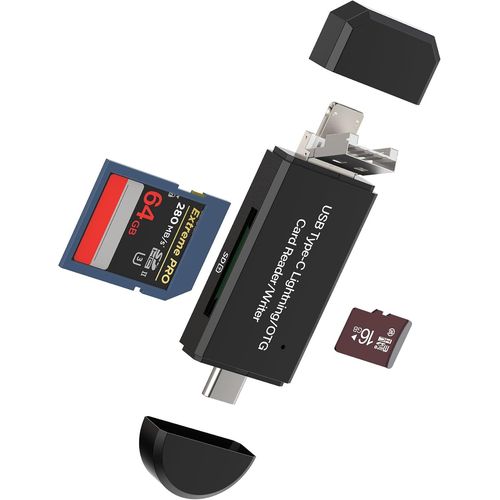Adaptateur Lecteur Carte Micro SD(4en1) mmoire Externes Lightning Micro USB Type C Jack Accessoire Compatible pour Samsung Compatible pour Apple iPhone Ipad Camra SD Card Reader Switch
