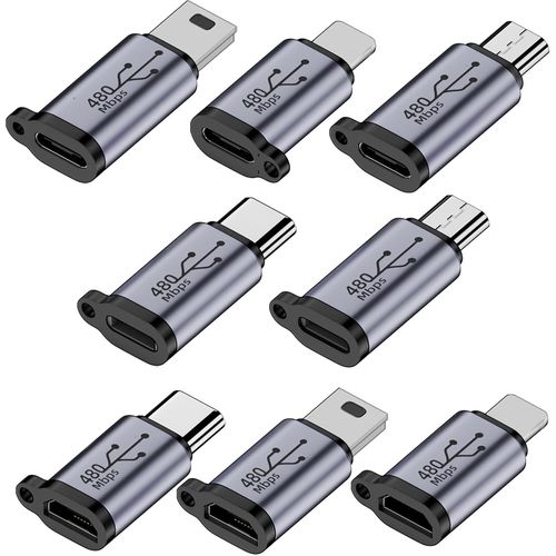 Adaptateur Lightning Vers Usb C, Adaptateur Usb C, Micro Usb Vers Usb C, Mini Usb Vers Usb C[Pack De 8] Connecteur Femelle Vers Mle Usb Compatible Avec Iphone, Navi, Jouet, Smar[BLE7110979]