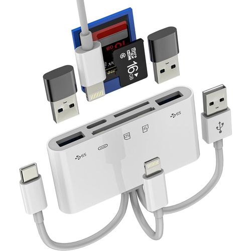 Adaptateur pour Lightning USB C USB vers Lecteur de Carte SD et Micro SD OTG 5 en 1 pour Apple pour iPhone16 15 14 pour iPad PC Camra Carte Mmoire TF Cartes Transfert Photo Cl USB