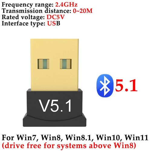 Adaptateur USB Bluetooth 5.3/5.1/5.0,dongle sans fil,compatible avec ordinateur portable Windows 11/10/8.1,transmetteur audio - Type BT 5.1