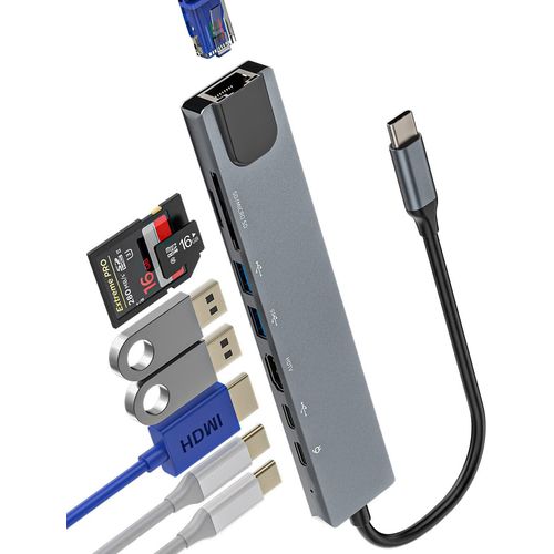 Adaptateur USB C (8 en 1) HDMI 4K DisplayPort LAN Ethernet Micro SD Lecteur de carte USB OTG 3.0 Cble de charge Type-C Hub Thunderbolt Station d'accueil pour ordinateur portable Rpartiteur
