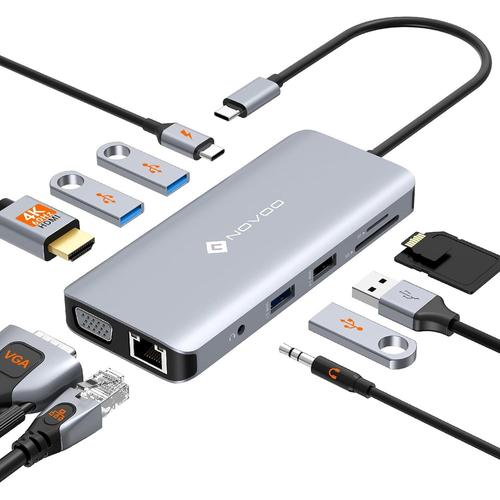 Adaptateur USB C, Hub USB C HDMI 4K, USB-C vers HDMI/VGA, PD 100W, Gigabit Ethernet, 4 Port USB et SD/TF, Dock Multiport 11 en 1 pour MacBook Pro/Air M1, iPad Pro/Dell XPS