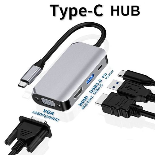Adaptateur USB C Type C vers HDMI Compatible 4K,Convertisseur Vido VGA USB3.0 PD 100W,Chargeur Rapide pour Macbook Pro Samsung S9 S10 - Type 4 in 1 100w