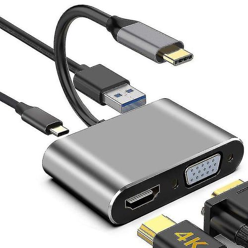 Adaptateur Usb C vers Vga Hdmi, concentrateur 4 en 1 type C vers Vga Hdmi 4k Uhd avec port de charge 87w + port Usb 3.0 compatible avec Macbook Pro et Moregray
