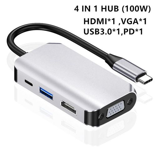 Adaptateur USB type-c vers HDMI 4K,VGA,USB 3.0,convertisseur Audio-vido PD 87W,chargeur rapide pour Macbook pro,Samsung s9 s10 - Type 4 in 1 hub 100w