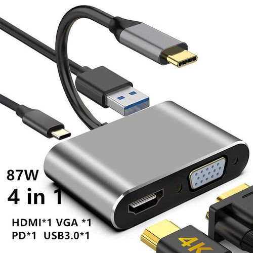 Adaptateur USB type-c vers HDMI 4K,VGA,USB 3.0,convertisseur Audio-vido PD 87W,chargeur rapide pour Macbook pro,Samsung s9 s10 - Type 4 in 1 hub 87w