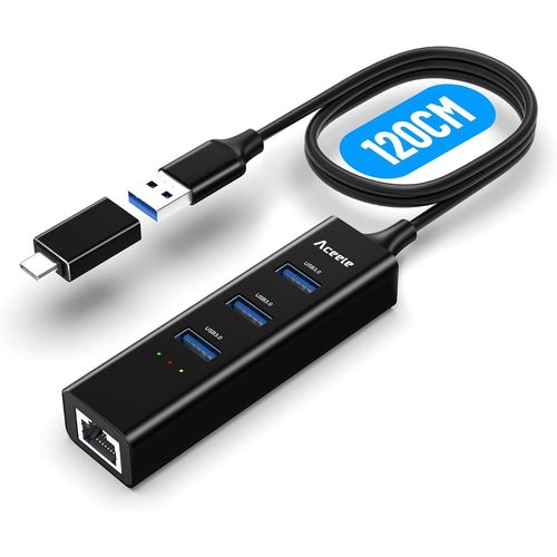 Adaptateur USB vers Ethernet,rallonge de 3.3ft,Hub USB 3 Ports rpartiteur USB 3.0 RJ45 + Adaptateur rseau Gigabit Ethernet,avec Adaptateur USB Type C,Compatible Windows,MacBook,Surface.[W225]