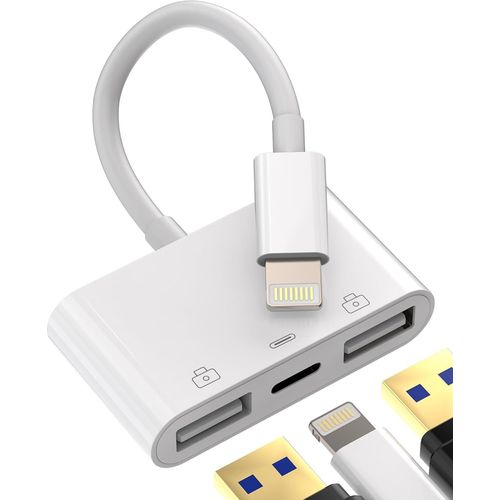 Adaptateur Usb Vers Lightning(3 En 1) Chargeur Cable Usb A Prise Camera Otg 3.0 Iphone Jack Charger Certifi Apple Mfi Pour 14 13 12 11 Pro Max 7 8 Plus X Se Xs Xr Ipad Air Tablette Cle Convertisseur