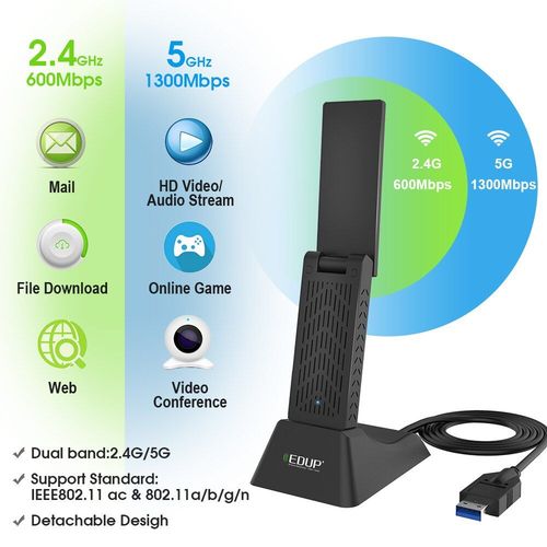 Adaptateur WiFi double bande USB 1900/2.4/5G Hz, 3.0 mb/s, 802.11n, Dongle rseau sans fil pour PC, Linux, win10 Nipseyteko