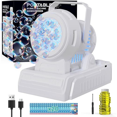 Adjustable Angle Bubble Machine,Automatic Bubble Toy 10 Large Holes For Kids 20000+ Bubbles With Solution/Lights,Portable Bubble Blower For Party Garden Wedding-White