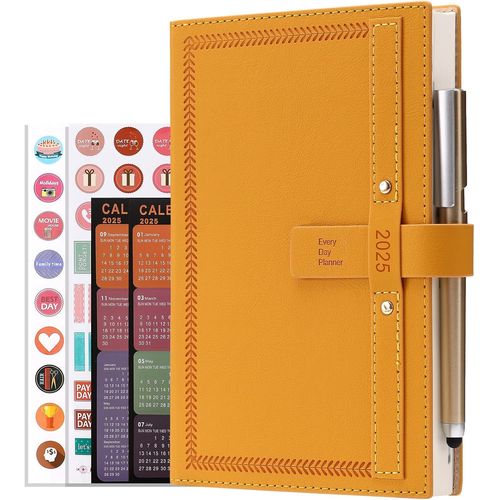 Agenda 2025 Annuel Complet Avec Calendrier, Stylo, Porte-Stylo, Onglets Mensuels Et Poche Intrieure - Format A5 - Jaune - Format A5