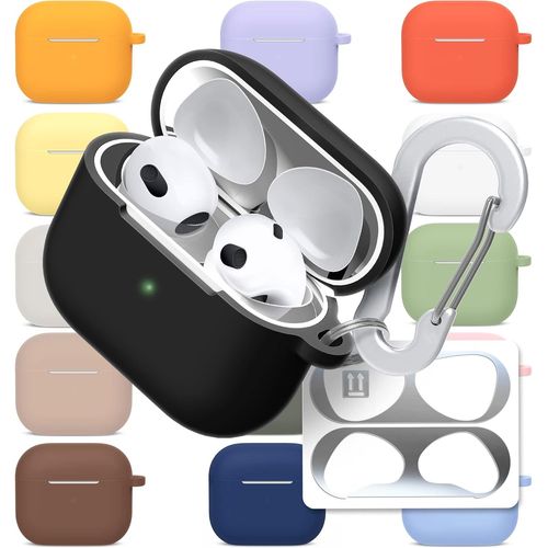 AirPods 3 & Pro Case Silicon Protective Clear Cover with Anti-Lost Carabiner Keychain Kit Set Dust Guard Dust-Proof Film [Front LED Visible] (AirPods 3,Ink)