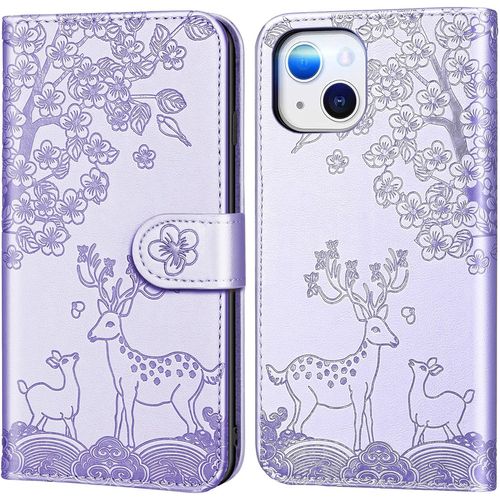 Aisenth Coque Pour Iphone 13 (6,1 Pouces), Fleur Cerf Sika Animaux Motif Etui A Rabat, Housse De Protection En Cuir Synthetique Portefeuille Avec Fentes Pour Cartes, Fonction De Support, Mauve