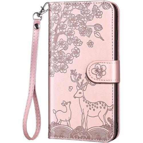 Aisenth Coque Pour Iphone 6 Plus/Iphone 6s Plus, Fleur Cerf Sika Animaux Etui A Rabat, Housse De Protection En Cuir Synthetique Portefeuille Avec Fentes Pour Cartes, Fonction De Support, Or Rose
