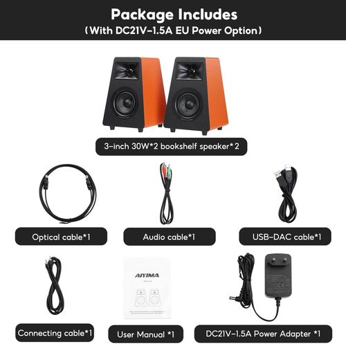 AIYIMA S30 haut-parleurs d'tagre actifs Bluetooth 5.3 en bois 100W moniteur de Studio haut-parleurs Hifi Home cinma caisson de basses Orange/blanc-Orange With EU Plug
