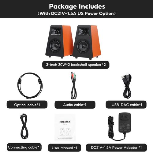 AIYIMA S30 haut-parleurs d'tagre actifs Bluetooth 5.3 en bois 100W moniteur de Studio haut-parleurs Hifi Home cinma caisson de basses Orange/blanc-Orange With US Plug