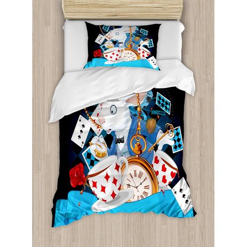 Alice Au Pays Des Merveilles Parure De Lit Pices Avec Taie D'oreiller, Motif Lapin, C?Urs Et Fleurs, Personnage Alice Au Pays Des Merveilles, Bleu Et Noir