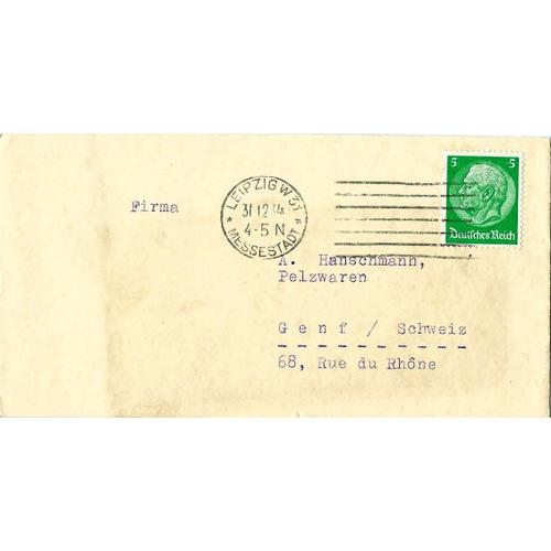 Allemagne, 3me Reich 1934, Belle Enveloppe Expdie De La Foire De Leipzig Vers Un Correspondant Suisse, Timbre Yvert 444 Marchal Hindenburg 5pf. Vert, Beau Cachet Rond Intgral.