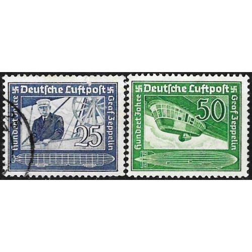 Allemagne, 3me Reich 1938, Centenaire De La Naissance Du Comte Von Zeppelin, Beaux Timbres De Poste Arienne Yvert 57 Le Comte Zeppelin Et 58 Nacelle D'un Dirigeable 