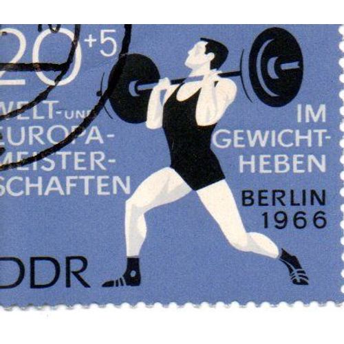 Allemagne Ddr 1966 : Championnats D'europe Et Du Monde De Poids Et Haltres,  Berlin - Timbre 20 P. + 5 P. Bleu Et Noir Oblitr