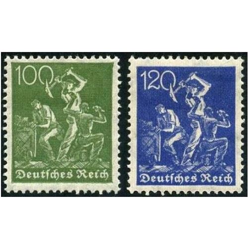 Allemagne, Rp. De Weimar 1921, Trs Beaux Timbres Neufs** Luxe Yvert N 147 Et 148 - Mineurs Au Travail. 100 Pf. Vert Olive Et 120pf. Bleu, -