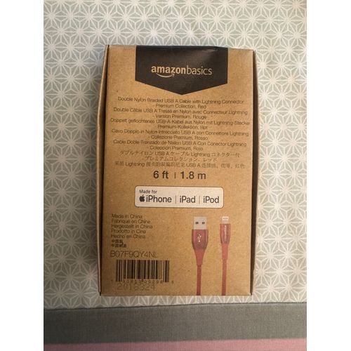 AmazonBasics Cble Nylon  double tressage USB type A et connecteur Lightning , 1,8 m - Rouge