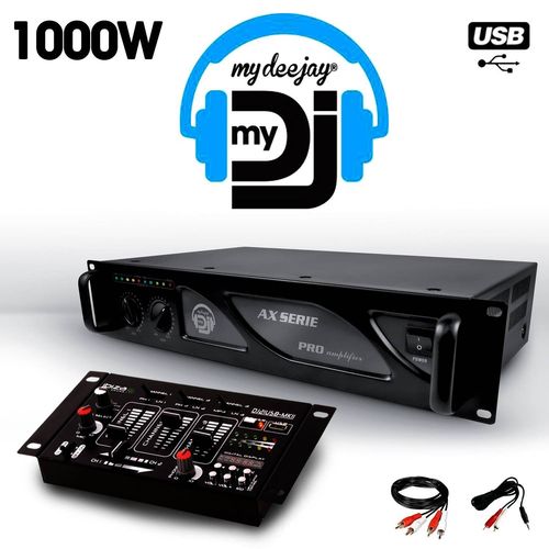 Amplificateur sono 2 x 500W MY DEEJAY AX-1000 MyDj + Table de mixage DJ21 4 voies 7 entres + USB