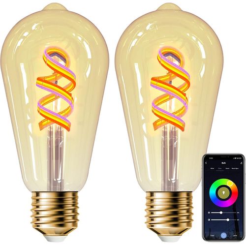 Ampoule Connecte Wifi E27 5w St64 Edison Vintage Lampe  Filament Led Multicouleurs Blanc Chaud, Equivalent 45w, Compatible Avec Alexa/Google Home, Verre Ambr, 2pc[Amp745666]