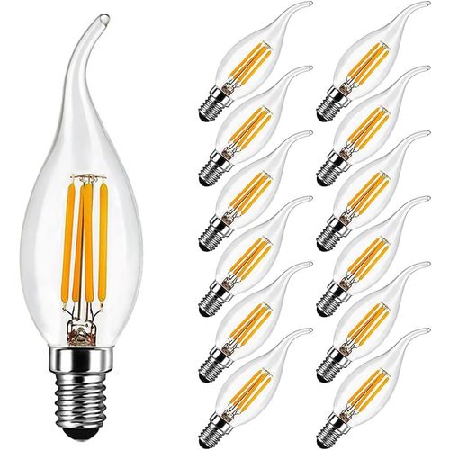 Ampoule Flamme Led E14 4w Equivalent 40w 400lm, Blanc Chaud 2700k, E14 Led Bougie Pour Lustres, Lustres En Cristal, Luminaires Dcoratifs, Non-Dimmable, Verre, Lot De 12[Den5283053]