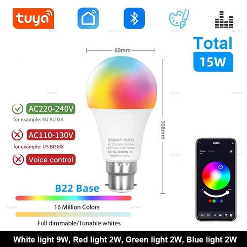 Ampoule Led Bluetooth, Variable 15w 18w E27 B22 220v Rgbcw, Lampes  Changement De Couleur, Application Smart Life, Contrle De Groupe, Synchronisation Du Rythme Musical-B22 Base Total 15w