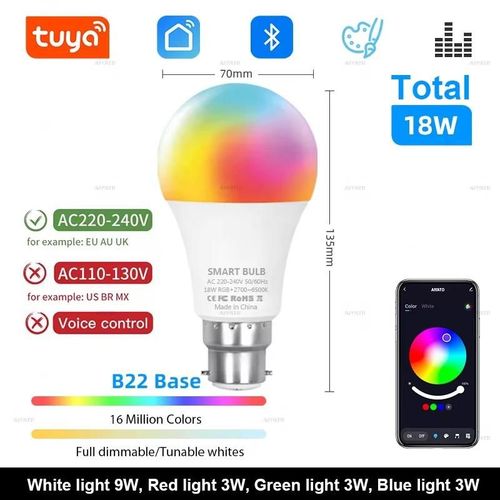 Ampoule Led Bluetooth, Variable 15w 18w E27 B22 220v Rgbcw, Lampes  Changement De Couleur, Application Smart Life, Contrle De Groupe, Synchronisation Du Rythme Musical-B22 Base Total 18w