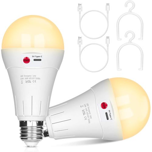 Ampoule Rechargeable Usb,10 W,Lampes Led E27,Commande Par Bouton,Intensit Variable,Ampoule  Batterie 2000 Mah Avec Crochet Pour clairage D'urgence Intrieur/Extrieur (Blanc Chaud,2 Paquet)