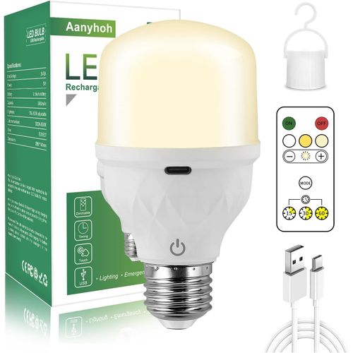 Ampoule Rechargeable Usb Avec Tlcommande, 5w Led Dimmable Ampoule Sans Fil Touch Control, E27 2600mah Batterie Ampoules Avec Timing Et Fonction, Lampe De Secours Portable Extrieure Camping Tentes