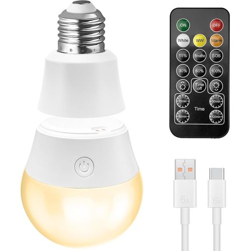 Ampoule Usb-C Avec Tlcommande,E27 Led,Rechargeable,3 Couleurs, Intensit Variable,Batterie Magntique 7 W,Avec Fonction Minuterie,1 Pice