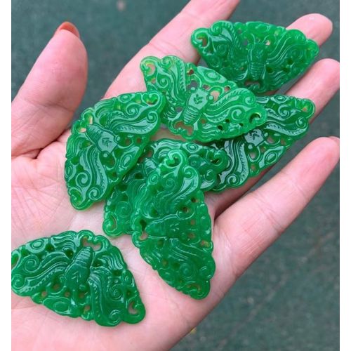 Amulette Porte-Bonheur En Jade Vert Naturel Sculpt  La Main, 1 Pice, Accessoires De Perles D'argent Ajoures, Bracelet De Bricolage, Bijoux  La Mode, 14x40mm