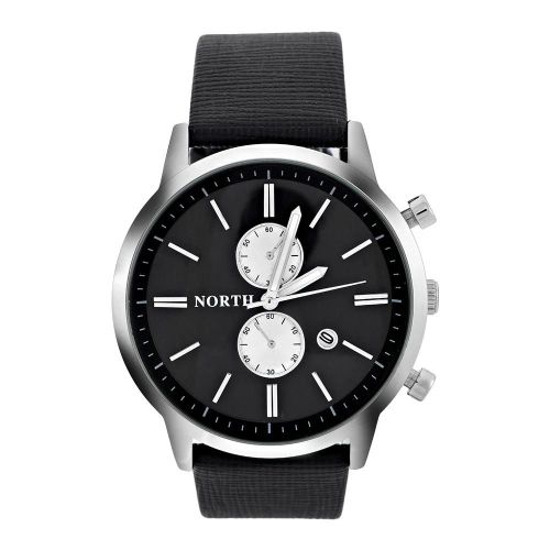 Analogique Rond Quartz Bracelet En Cuir Date Lumineux Aiguilles Montre Montre-Bracelet (Cadran Argent Noir)
