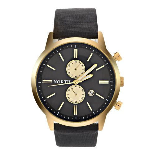 Analogique Rond Quartz Bracelet En Cuir Date Lumineux Aiguilles Montre Montre-Bracelet (Cadran En Or Noir)