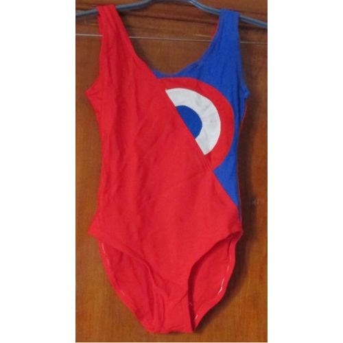Ancien Justaucorps De Danse/Twirling Port Il Y A Une Quarantaine D'annes-Lycra Rouge Avec Motif Cocarde Bleu Et Blanc Sur Un Ct-Dos Uni-Taille 14ans/36