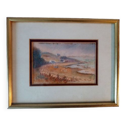 Ancien Tableau Au Pastel Decor De Port Breton En Automne Signe Antoine Dugois Multicolore