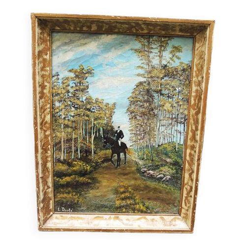Ancien Tableau Huile Sur Toil Signe Amp Encadr  Cavalier Seul Marron