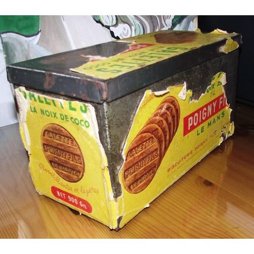 Ancienne Boite En Fer Blanc & Papier Coll, Publicitaire:Galettes  La Noix De Coco Du Mans Poigny Fils Hauteur : 12,1 Cm Longueur : 23 Cm Largeur : 10,5 Cm Dans Son Jus, Des Manques De Papier.